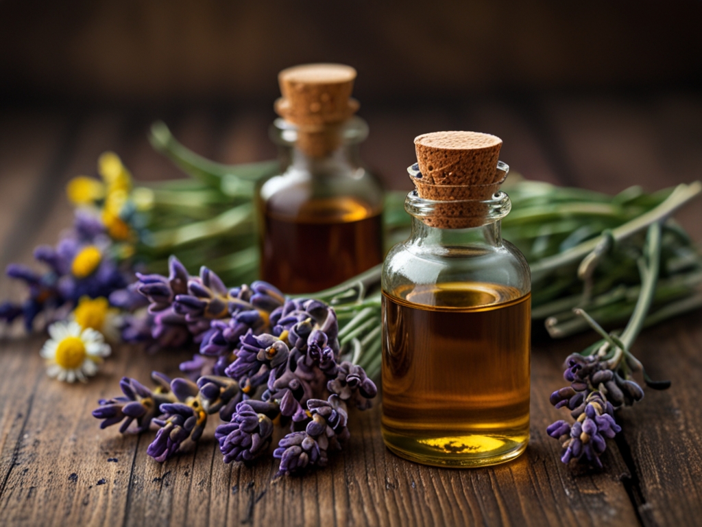 Eteriska oljor med lavendel och kamomillblommor